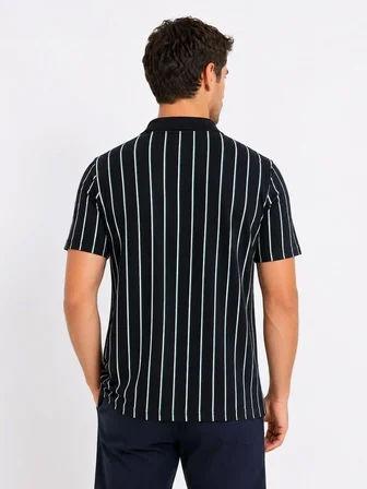 Erkek Pike Kumaş Çizgili Polo Yaka Tişört Kısa Kol Yazlık T-Shirt - Siyah