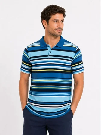 Erkek Çizgili Polo Yaka Tişört Kısa Kol Yazlık T-Shirt Regular Fit - Mavi