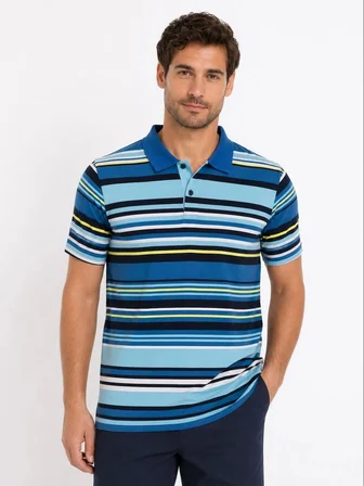 Erkek Çizgili Polo Yaka Tişört Kısa Kol Yazlık T-Shirt Regular Fit - Mavi