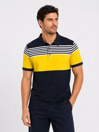Erkek Pike Kumaş Çizgili Polo Yaka Tişört Kısa Kol Yazlık T-Shirt - Lacivert