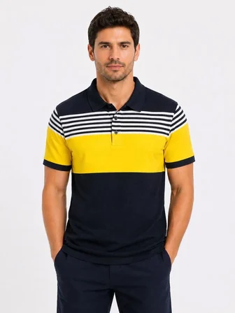 Erkek Pike Kumaş Çizgili Polo Yaka Tişört Kısa Kol Yazlık T-Shirt - Lacivert