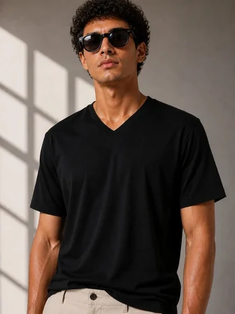 Erkek V Yaka Basic Tişört Kısa Kol Yazlık Regular Fit T-Shirt - Siyah