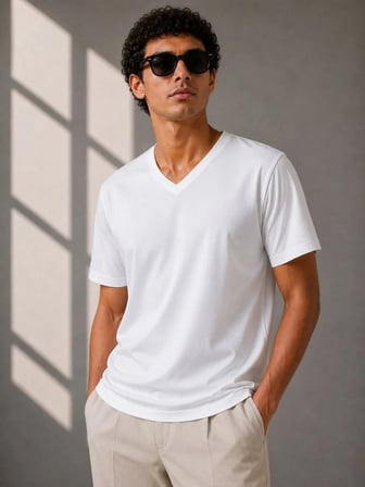 Erkek V Yaka Basic Tişört Kısa Kol Yazlık Regular Fit T-Shirt - Beyaz