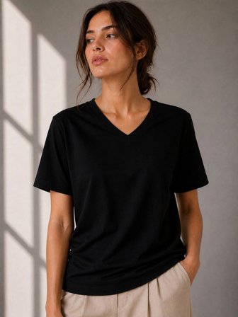 Kadın V Yaka Basic Tişört Kısa Kol Yazlık Regular Fit T-Shirt - Siyah