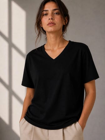 Kadın V Yaka Basic Tişört Kısa Kol Yazlık Regular Fit T-Shirt - Siyah