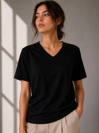 Kadın V Yaka Basic Tişört Kısa Kol Yazlık Regular Fit T-Shirt - Siyah