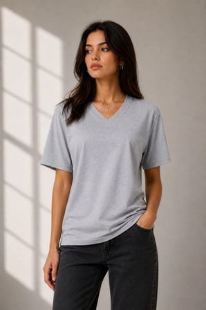 Kadın V Yaka Basic Tişört Kısa Kol Yazlık Regular Fit T-Shirt - Gri