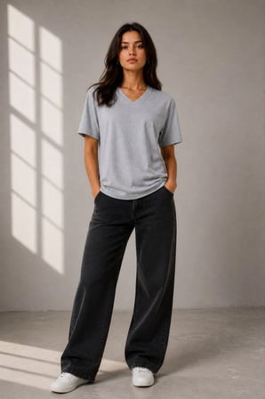 Kadın V Yaka Basic Tişört Kısa Kol Yazlık Regular Fit T-Shirt - Gri