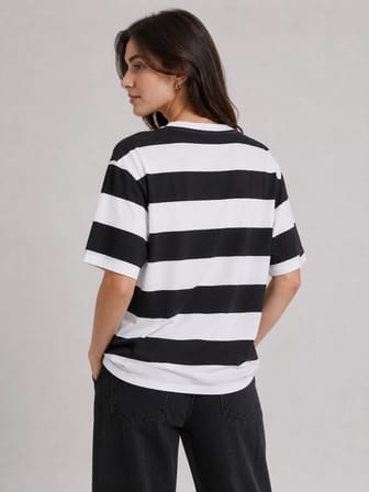 Kadın Çizgili Oversize Tişört Bisiklet Yaka Kısa Kol Yazlık T-Shirt - Siyah