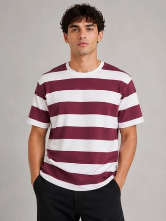 Erkek Çizgili Oversize Tişört Bisiklet Yaka Kısa Kol Yazlık T-Shirt - Bordo