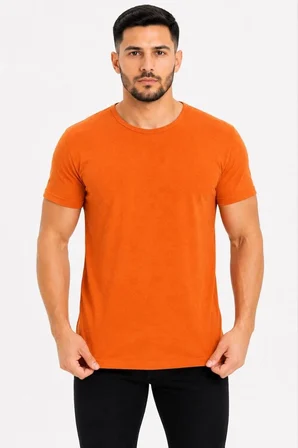Erkek Basic Tişört Bisiklet Yaka Kısa Kol Günlük Yazlık Slim fit T-Shirt - Turuncu