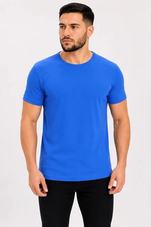 Erkek Basic Tişört Bisiklet Yaka Kısa Kol Günlük Yazlık Slim fit T-Shirt - Saks Mavisi