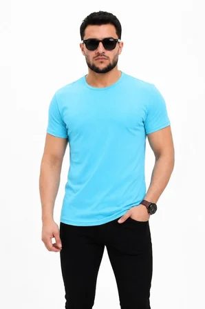 Erkek Basic Tişört Bisiklet Yaka Kısa Kol Günlük Yazlık Slim fit T-Shirt - Açık Mavi