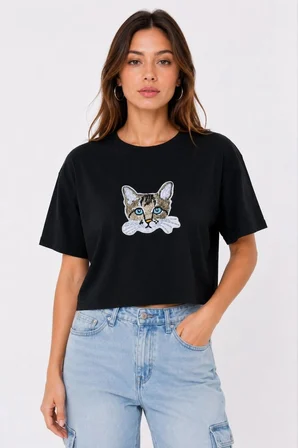 Kadın Kedi Baskılı Oversize Crop Tişört Salaş Basic Yarım Kol T-shirt - Siyah