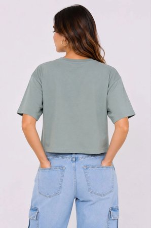 Kadın Kedi Baskılı Oversize Crop Tişört Salaş Basic Yarım Kol T-shirt - Mint Yeşili