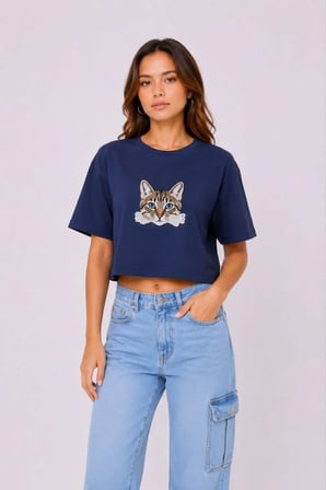 Kadın Kedi Baskılı Oversize Crop Tişört Salaş Basic Yarım Kol T-shirt - Lacivert