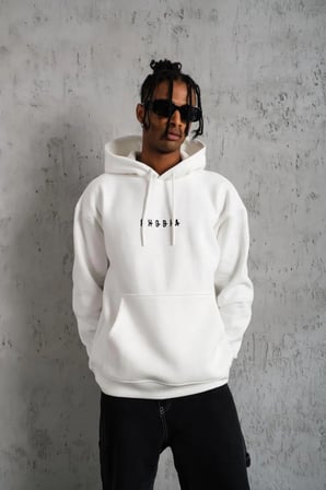 Erkek 3 İplik Pamuklu Kapüşonlu Baskılı Cepli Oversize Sweatshirt Hoodie - Beyaz