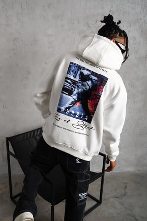 Erkek 3 İplik Pamuklu Kapüşonlu Baskılı Cepli Oversize Sweatshirt Hoodie - Beyaz