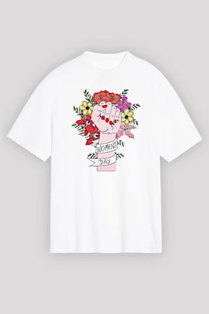 8 Mart Dünya Kadınlar Günü Baskılı Oversize Bisiklet Yaka T-shirt - Beyaz