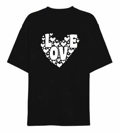 14 Şubat Sevgililer Günü Love Kalp Baskılı Oversize Bisiklet Yaka T-shirt - Siyah
