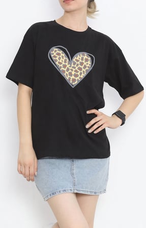 14 Şubat Sevgililer Günü Leopar Kalp Baskılı Oversize Bisiklet Yaka T-shirt - Siyah
