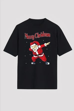 Yılbaşı Merry Christmas Noel Baba Baskılı Oversize Bisiklet Yaka T-shirt - Siyah
