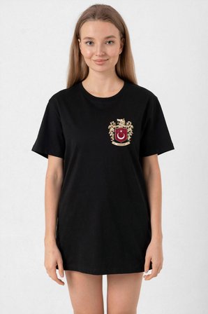 Türk Arma Baskılı Oversize Bisiklet Yaka Günlük T-shirt - Siyah