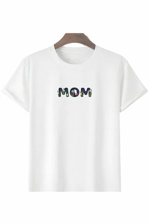 Anneler Günü Hediye Mom Çiçek Baskılı Oversize Bisiklet Yaka T-shirt - Beyaz