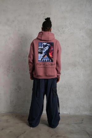 Erkek 3 İplik Pamuklu Kapüşonlu Baskılı Cepli Oversize Sweatshirt Hoodie - Gül Kurusu