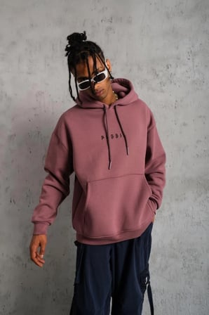 Erkek 3 İplik Pamuklu Kapüşonlu Baskılı Cepli Oversize Sweatshirt Hoodie - Gül Kurusu