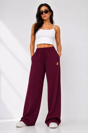 Kadın Osy Modal Yumuşak Dokulu Cima Dikişli Nakışlı Cepli Oversize Bol Paça Eşofman Altı - Bordo