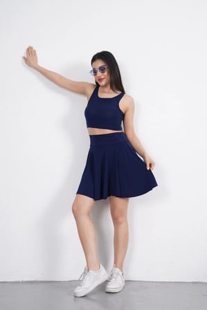 Sendy Kumaş Bisiklet Yaka Crop Şortlu Etek ikili Takım - Lacivert