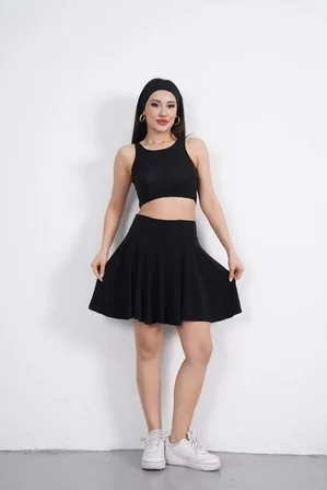 Sendy Kumaş Bisiklet Yaka Crop Şortlu Etek ikili Takım - Siyah