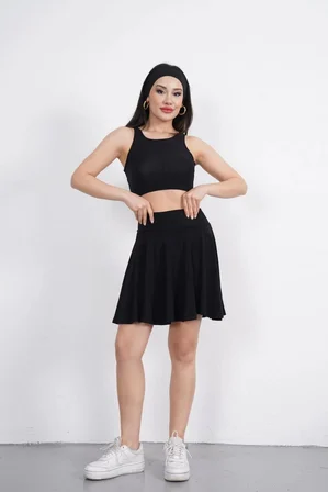 Sendy Kumaş Bisiklet Yaka Crop Şortlu Etek ikili Takım - Siyah