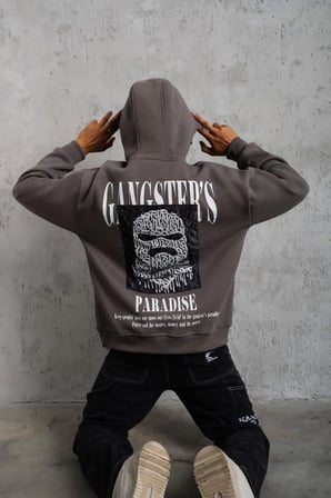Erkek 3 İplik Pamuklu Baskılı Kapüşonlu Cepli Sweatshirt Hoodie - Gri
