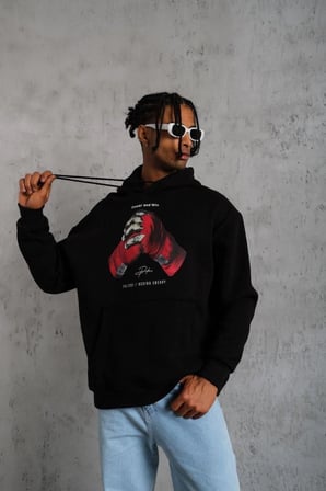 Erkek Kapüşonlu Cepli Box Eldiven Baskılı 3 İplik Sweatshirt Hoodie - Siyah
