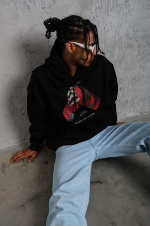 Erkek Kapüşonlu Cepli Box Eldiven Baskılı 3 İplik Sweatshirt Hoodie - Siyah