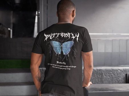 Erkek Tişort  Bisiklet Yaka Kelebek Baskılı Kısa kol T-Shirt - Siyah