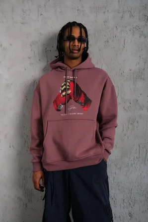 Erkek Kapüşonlu Cepli Box Eldiven Baskılı 3 İplik Sweatshirt Hoodie - Gül Kurusu