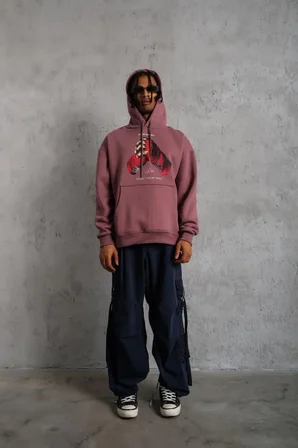 Erkek Kapüşonlu Cepli Box Eldiven Baskılı 3 İplik Sweatshirt Hoodie - Gül Kurusu