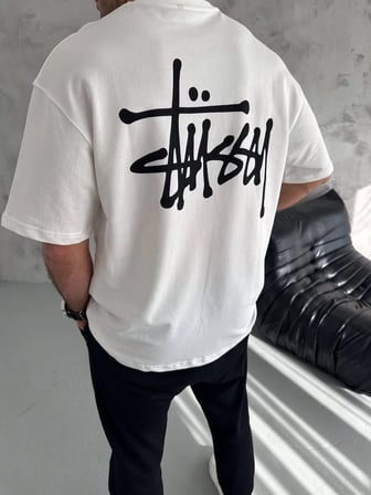 Erkek Tişört Bisiklet Yaka Baskılı Oversize Kısa kol T-Shirt - Beyaz