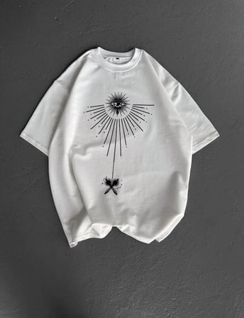 Erkek Kısa Kol Tişört Bisiklet Yaka GÜL Baskılı Oversize T-Shirt - Beyaz