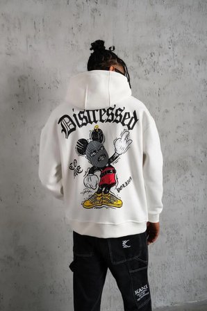 Erkek 3 İplik Pamuklu Kapüşonlu Baskılı Cepli Oversize Sweatshirt Hoodie - Beyaz