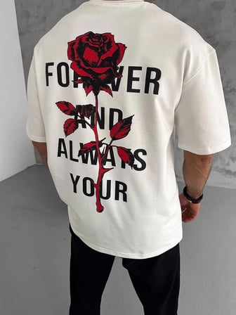 Erkek Kısa Kol Tişört Bisiklet Yaka GÜL Baskılı Oversize T-Shirt - Beyaz