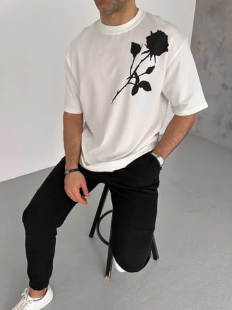 Erkek Kısa Kol Tişört Bisiklet Yaka GÜL Baskılı Oversize T-Shirt - Beyaz