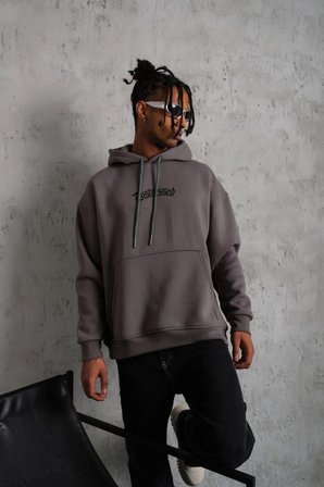 Erkek 3 İplik Pamuklu Kapüşonlu Kanguru Cepli Sweatshirt Hoodie -  Gri