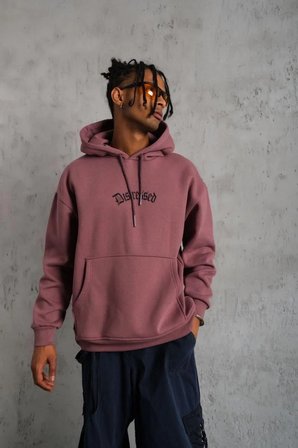 Erkek 3 İplik Pamuklu Kapüşonlu Kanguru Cepli Sweatshirt Hoodie - Gül Kurusu