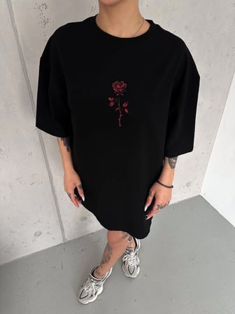 kadın Bisiklet Yaka Baskılı Oversize  Kısa kol T-Shirt - Siyah