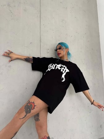 kadın Bisiklet Yaka Baskılı Oversize Kısa kol  T-Shirt - Siyah