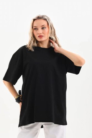 Kadın Düz  Kısa kol Penye T-shirt - Siyah
